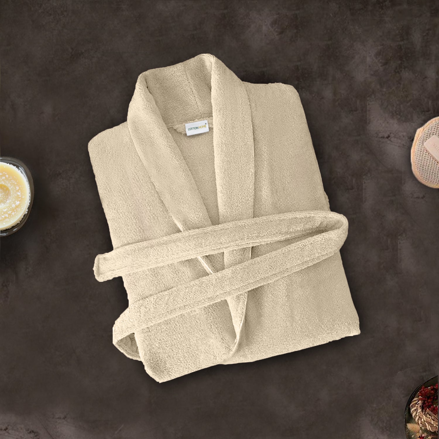 Premium Cotton Cream Terry Bathrobe with Pockets Suitable for Men and Women, Soft & Warm Terry Home Bathrobe, Sleepwear Loungewear, One Size Fits All - Cotton Home