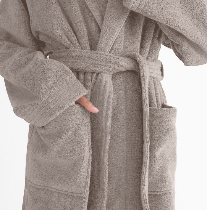 Premium Cotton Taupe Terry Bathrobe with Pockets Suitable for Men and Women, Soft & Warm Terry Home Bathrobe, Sleepwear Loungewear, One Size Fits All - Cotton Home