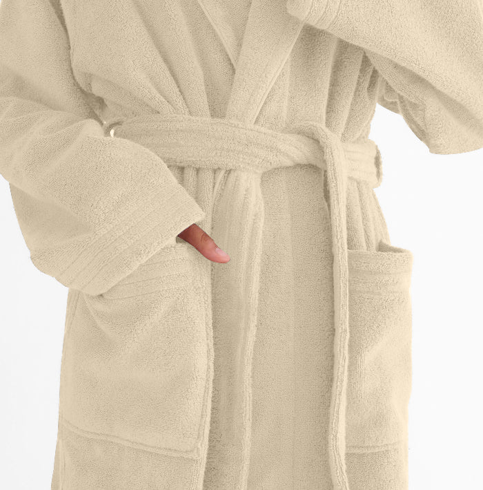 Premium Cotton Cream Terry Bathrobe with Pockets Suitable for Men and Women, Soft & Warm Terry Home Bathrobe, Sleepwear Loungewear, One Size Fits All - Cotton Home