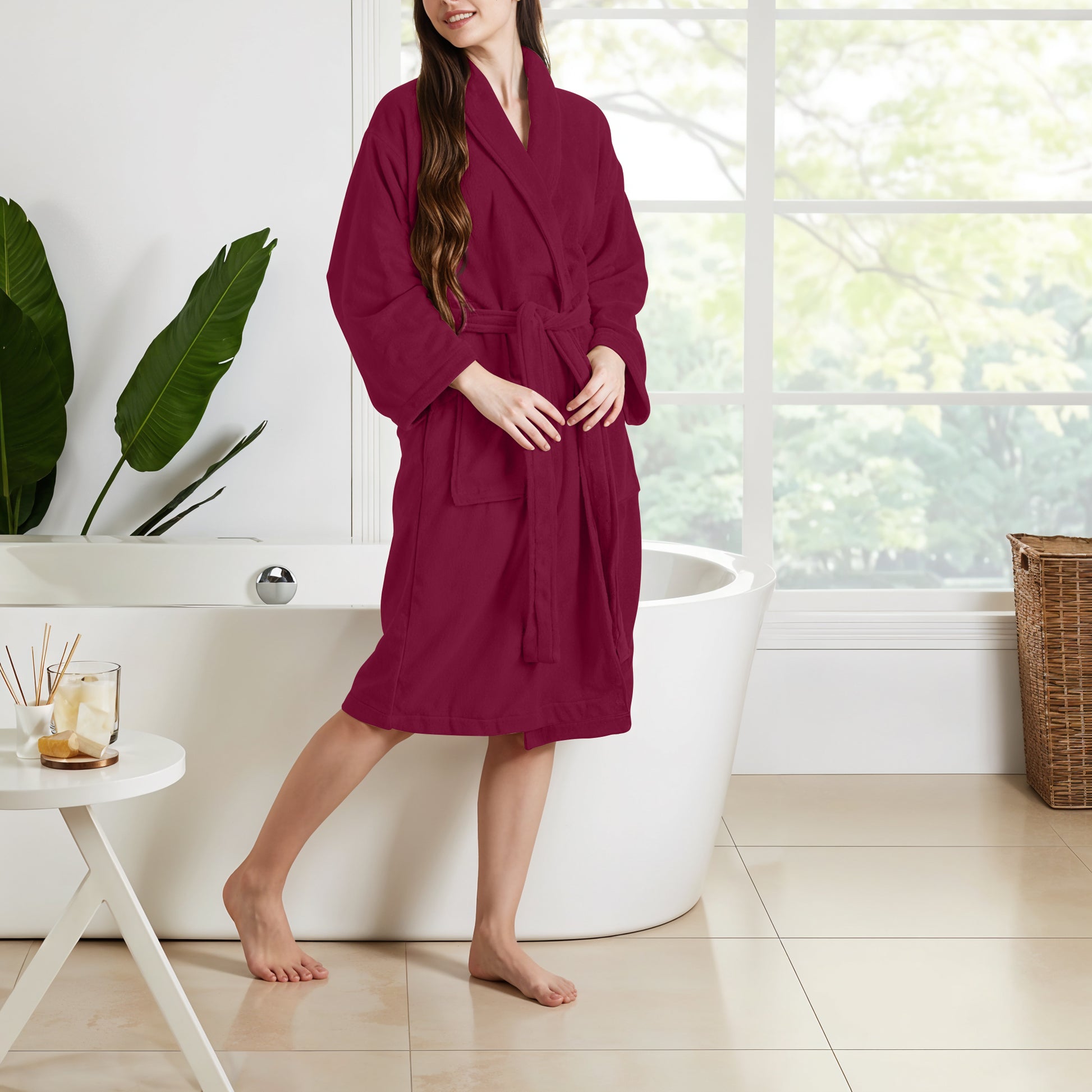 Premium Cotton Burgundy Terry Bathrobe with Pockets Suitable for Men and Women, Soft & Warm Terry Home Bathrobe, Sleepwear Loungewear, One Size Fits All - Cotton Home
