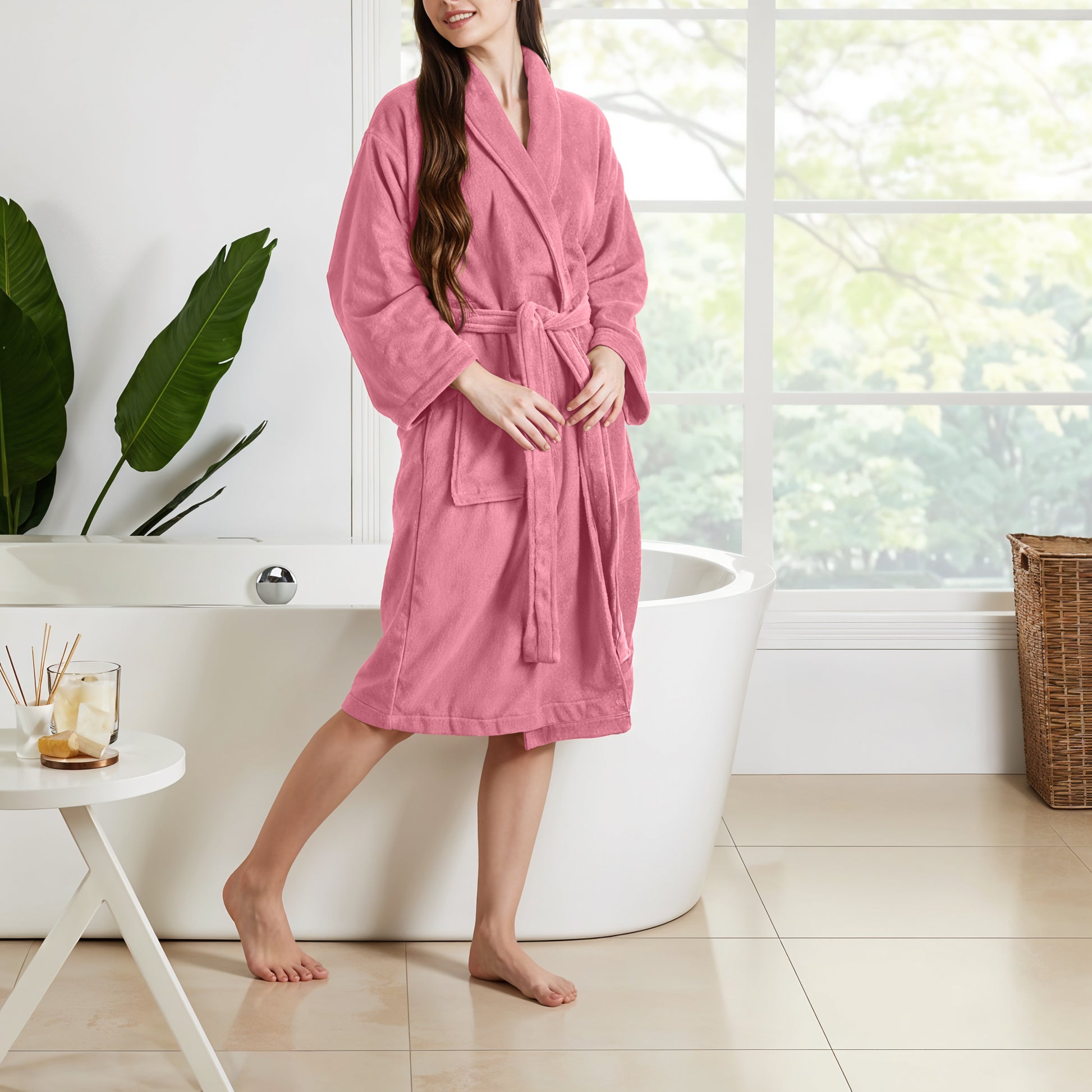 Premium Cotton Rose Pink Terry Bathrobe with Pockets Suitable for Men and Women, Soft & Warm Terry Home Bathrobe, Sleepwear Loungewear, One Size Fits All - Cotton Home