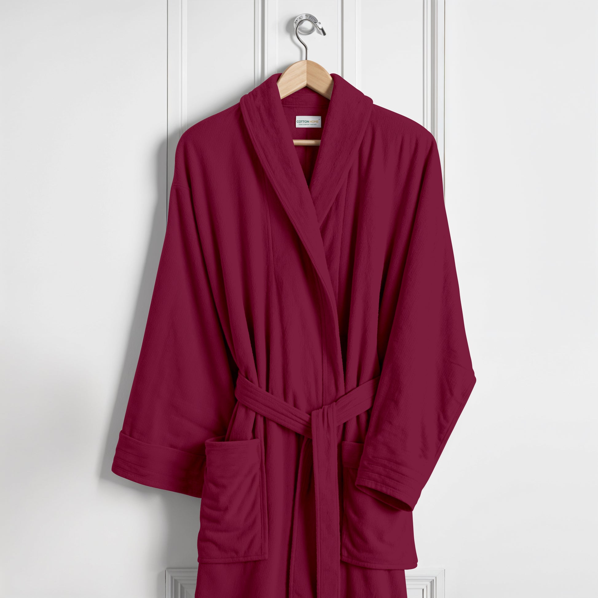 Premium Cotton Burgundy Terry Bathrobe with Pockets Suitable for Men and Women, Soft & Warm Terry Home Bathrobe, Sleepwear Loungewear, One Size Fits All - Cotton Home