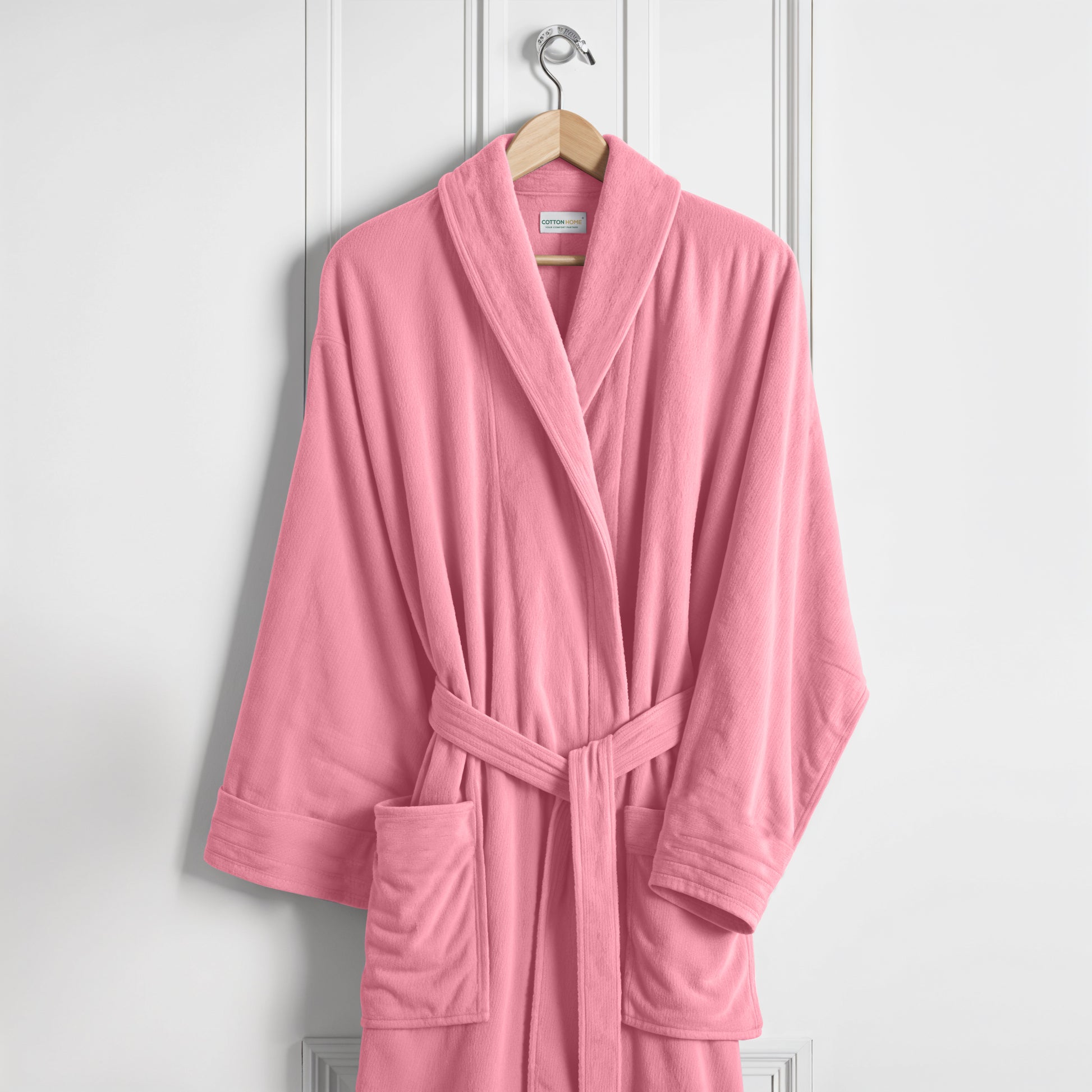 Premium Cotton Rose Pink Terry Bathrobe with Pockets Suitable for Men and Women, Soft & Warm Terry Home Bathrobe, Sleepwear Loungewear, One Size Fits All - Cotton Home