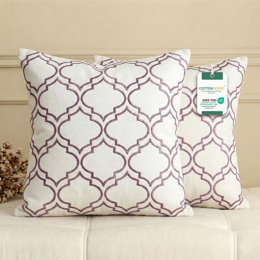 Embroidered Cotton Decorative Throw Pillows Pack of 2 - 45x45 cm Pink Modern Quatrefoil