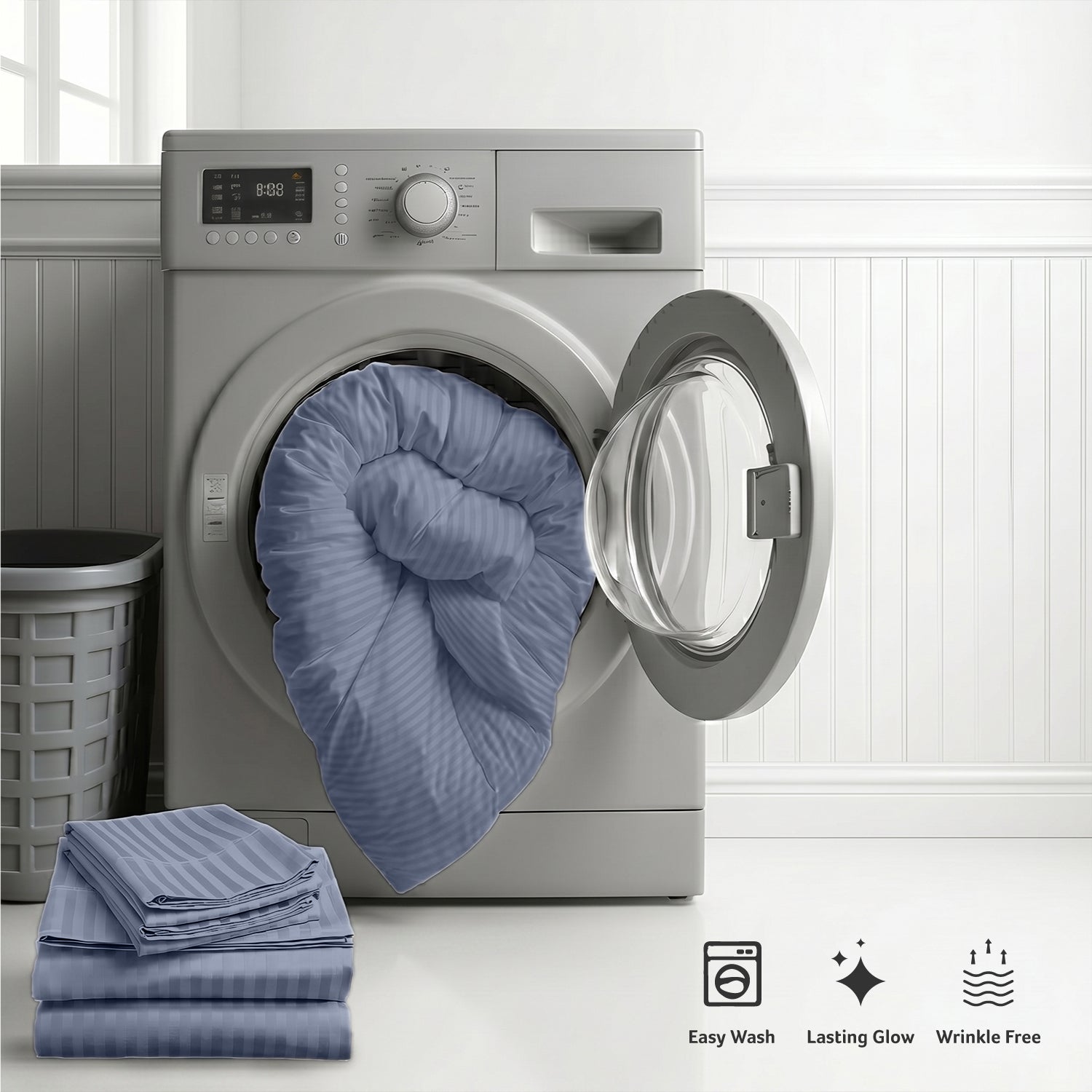 Egyptian Cotton 6 Piece Stripe Duvet Cover Set 220x240cm Blue Grey
