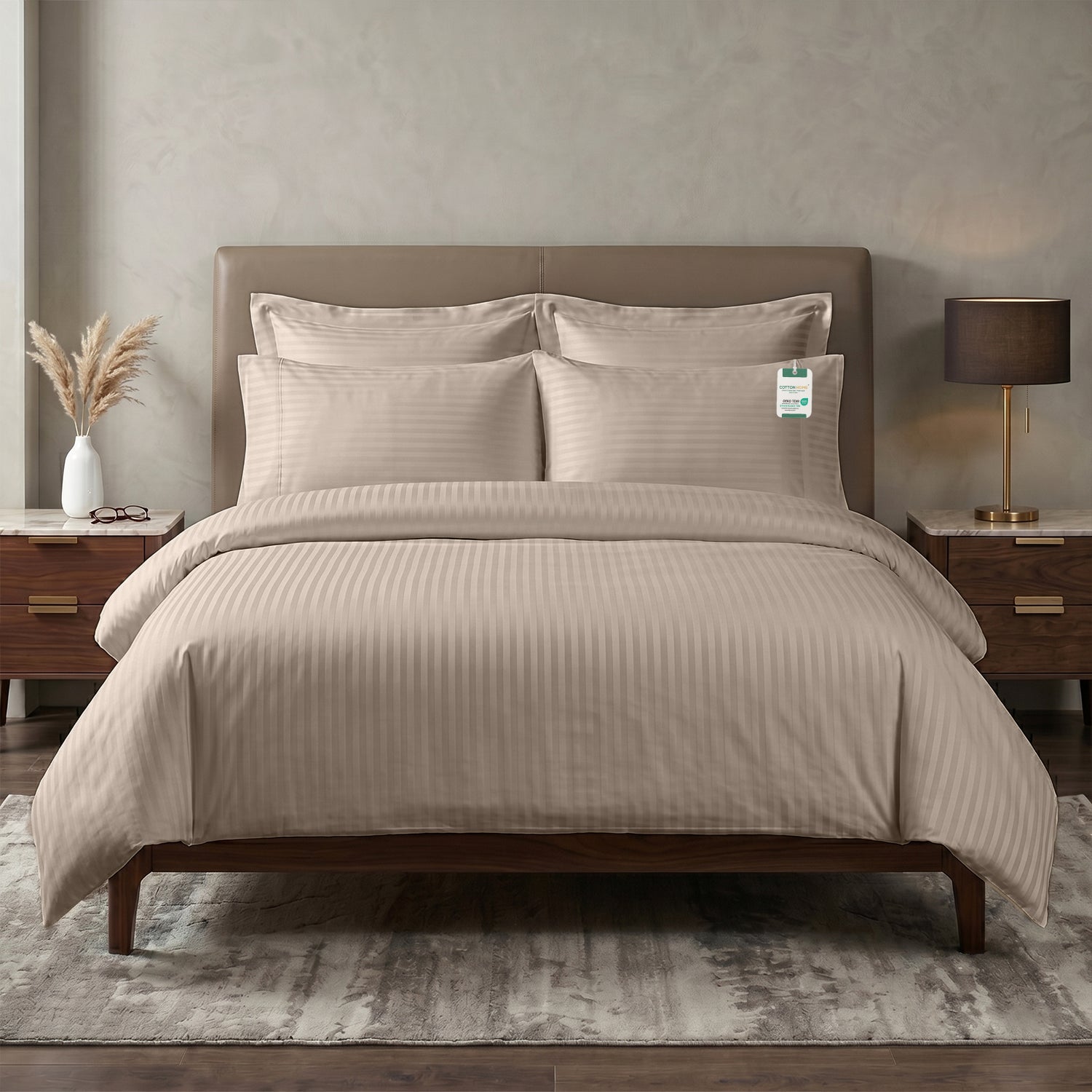 Egyptian Cotton 6 Piece Stripe Duvet Cover Set 220x240cm Champagne