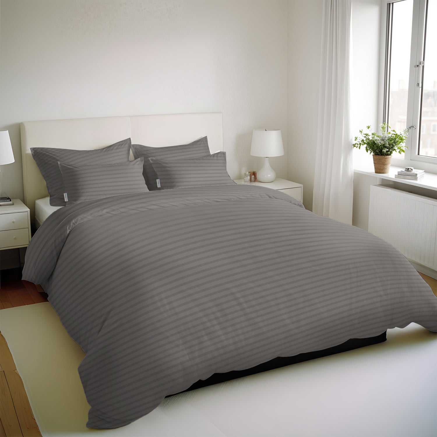 Premium High Quality Cotton 250TC Queen Stripe 6 Piece Duvet Cover Set 220x240cm Grey - Cotton Home