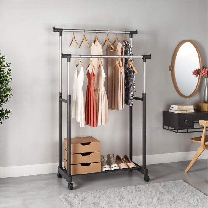 Clothes Rack – Double Rail Heavy-Duty Freestanding Metal Garment Organizer with Large Storage Capacity