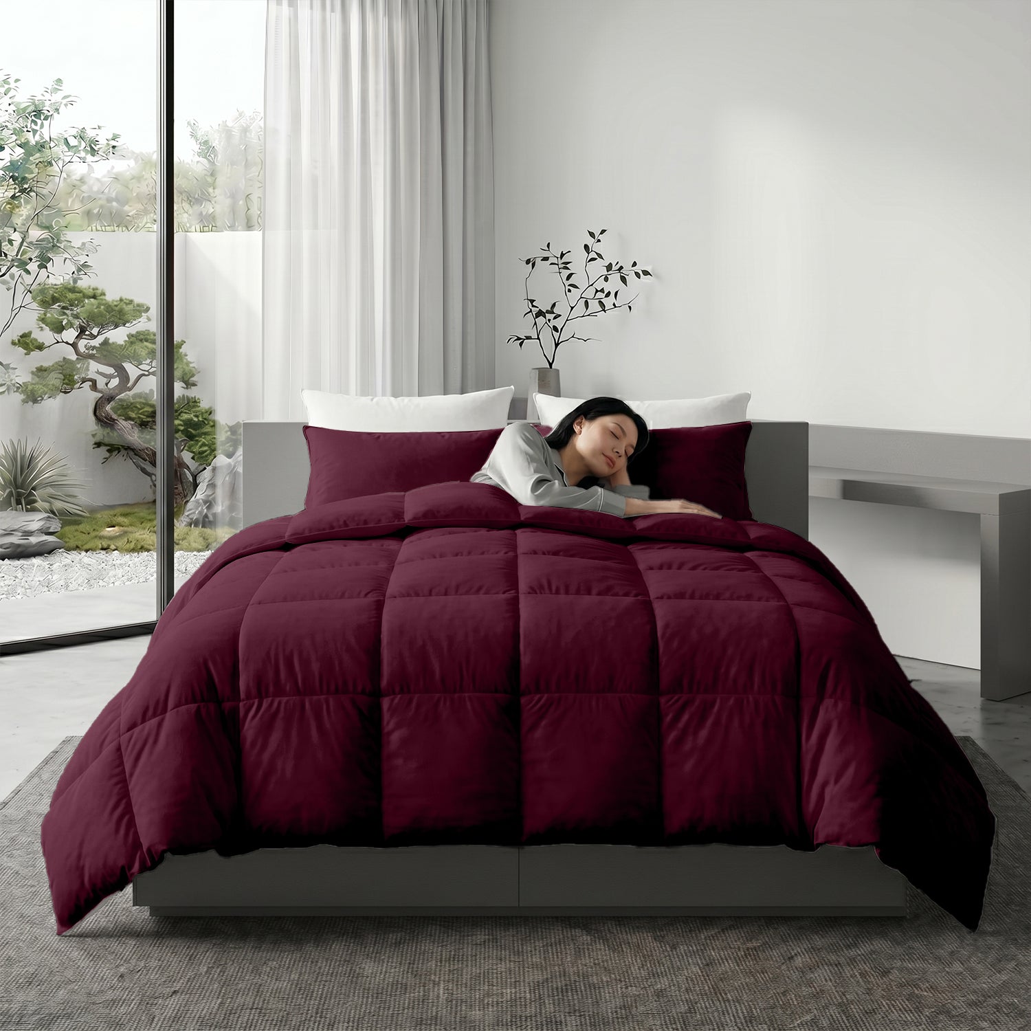 3PC Comforter Set Solid Dyed Microfiber Bordo 220×240cm