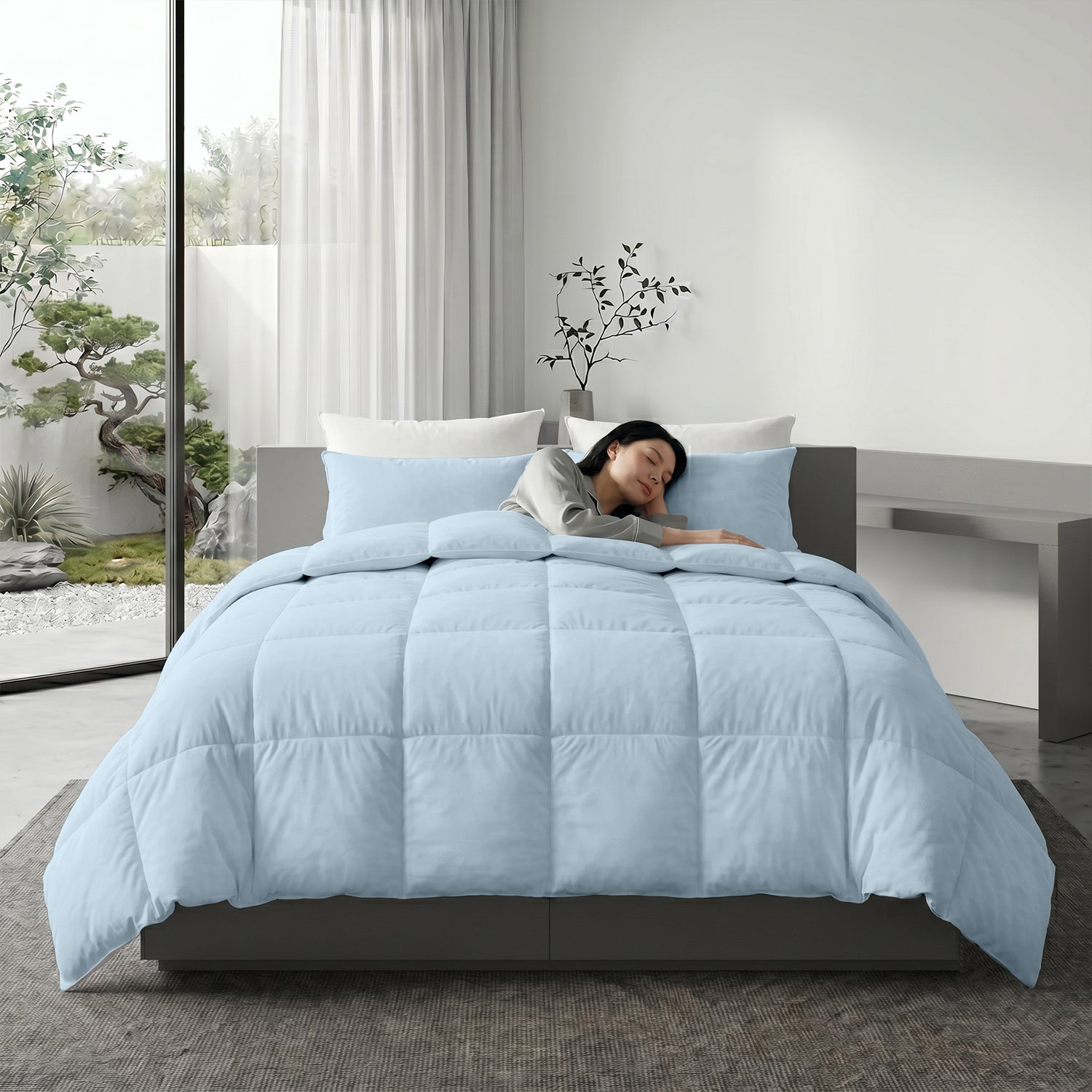 3PC Comforter Set Solid Dyed Microfiber Sky Blue 160×220cm