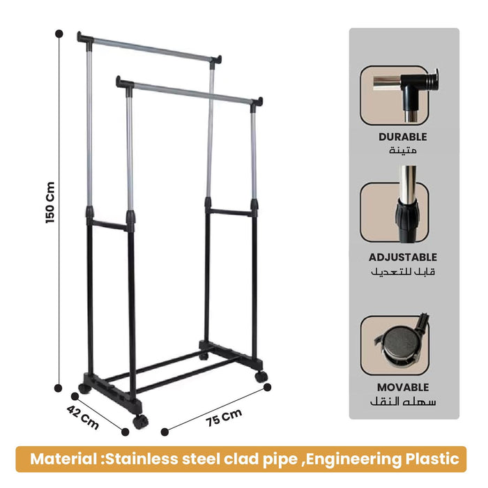 Clothes Rack – Double Rail Heavy-Duty Freestanding Metal Garment Organizer with Large Storage Capacity