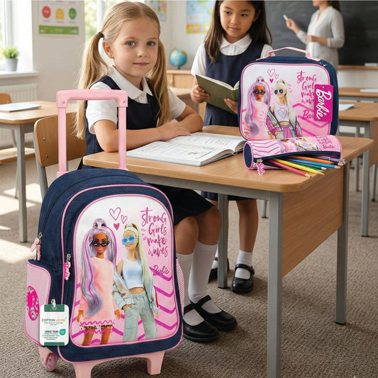 Barbie 3-Piece School Trolly Bag Set – Lightweight Cartoon Character Bookbag with Large Storage Space for Boys & Girls