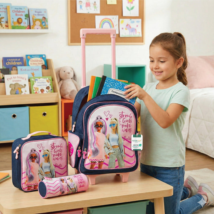 Barbie 3-Piece School Trolly Bag Set – Lightweight Cartoon Character Bookbag with Large Storage Space for Boys & Girls