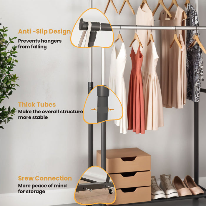 Clothes Rack – Double Rail Heavy-Duty Freestanding Metal Garment Organizer with Large Storage Capacity