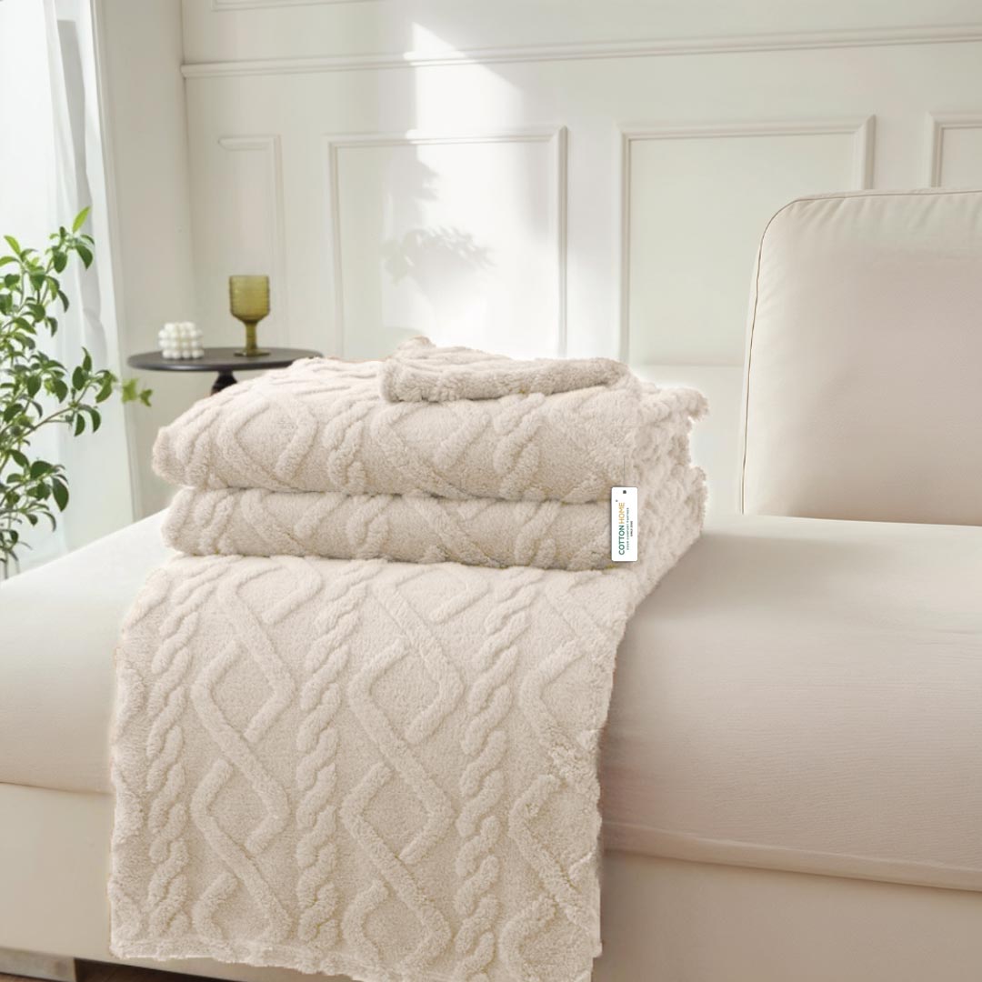 Premium Jacquard Blanket Double Size 220x240 Cream - Cotton Home