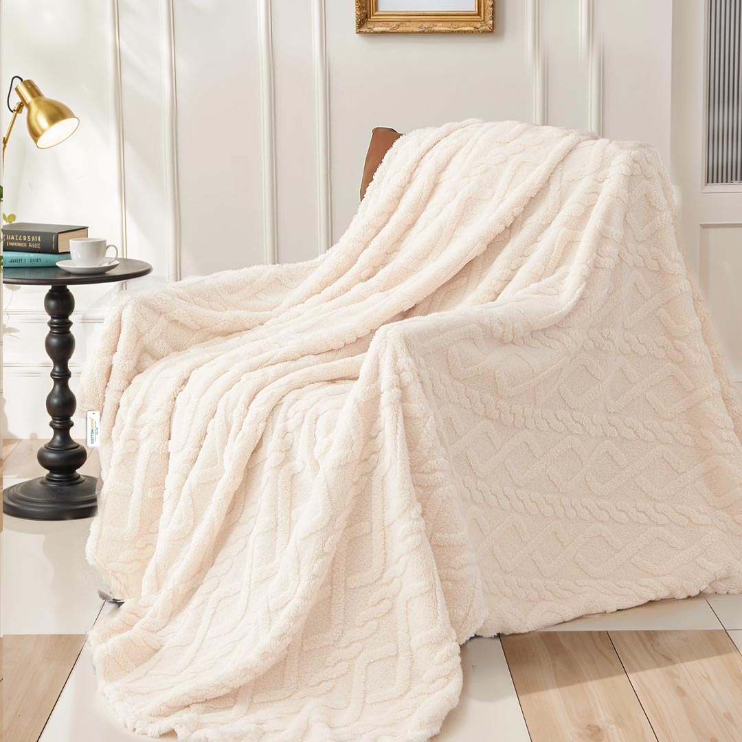 Premium Jacquard Blanket Double Size 220x240 Cream - Cotton Home