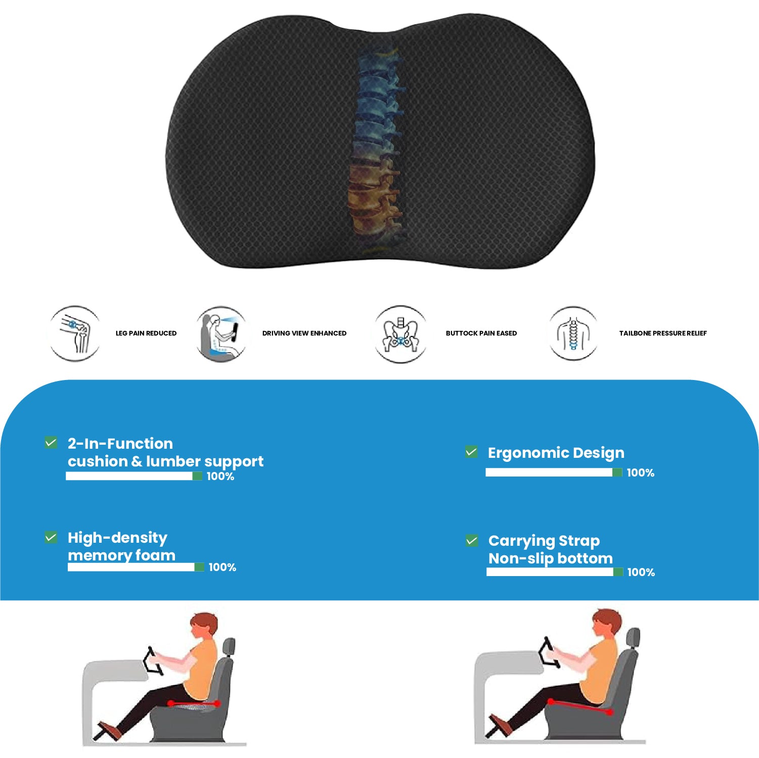 Spine Black Lumbar Support Memory Foam Cushion for Car Seats – 46x35x10cm