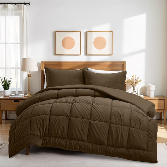 Luxury Velvet 3-Piece Queen Comforter Set - 220x240 cm- Khaki