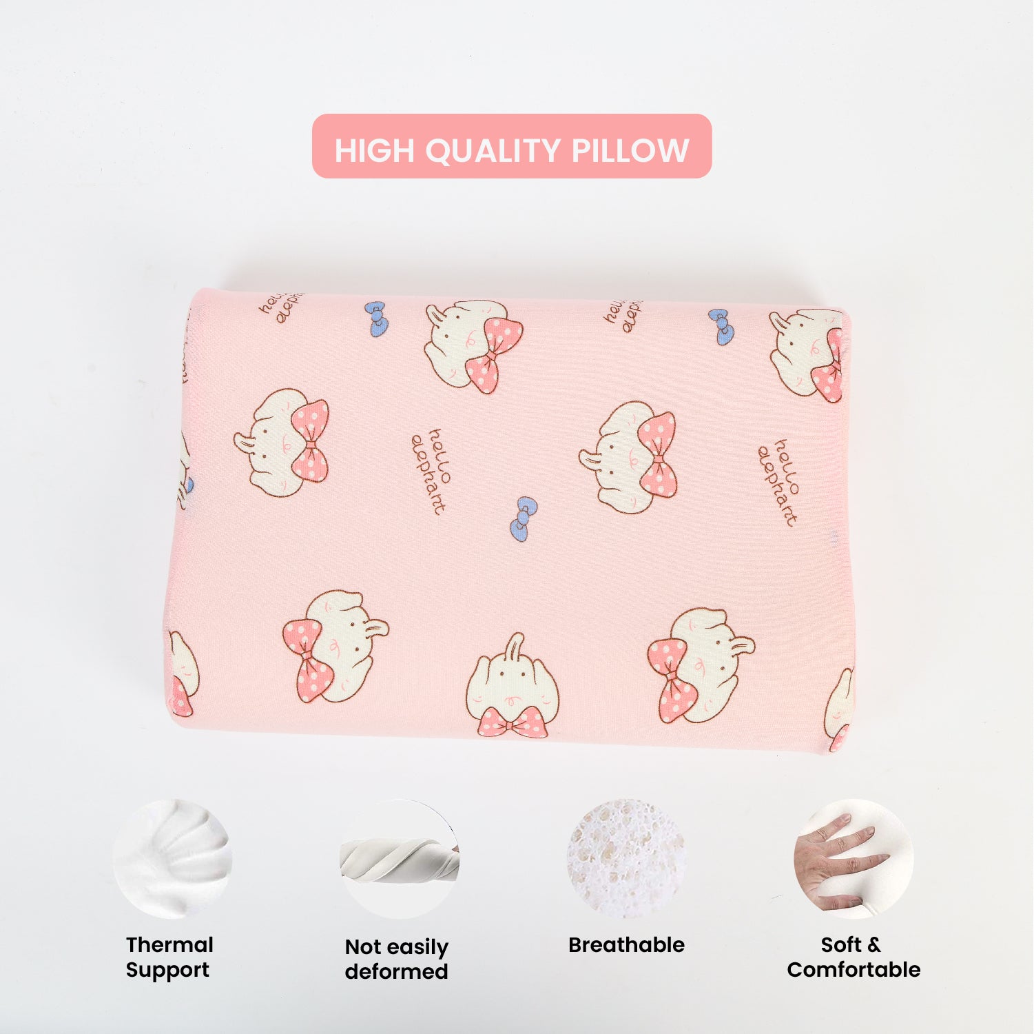 Kids Memory Foam Pillow with Breathable Pink Cover Soft & Ergonomic Support 38x27cm