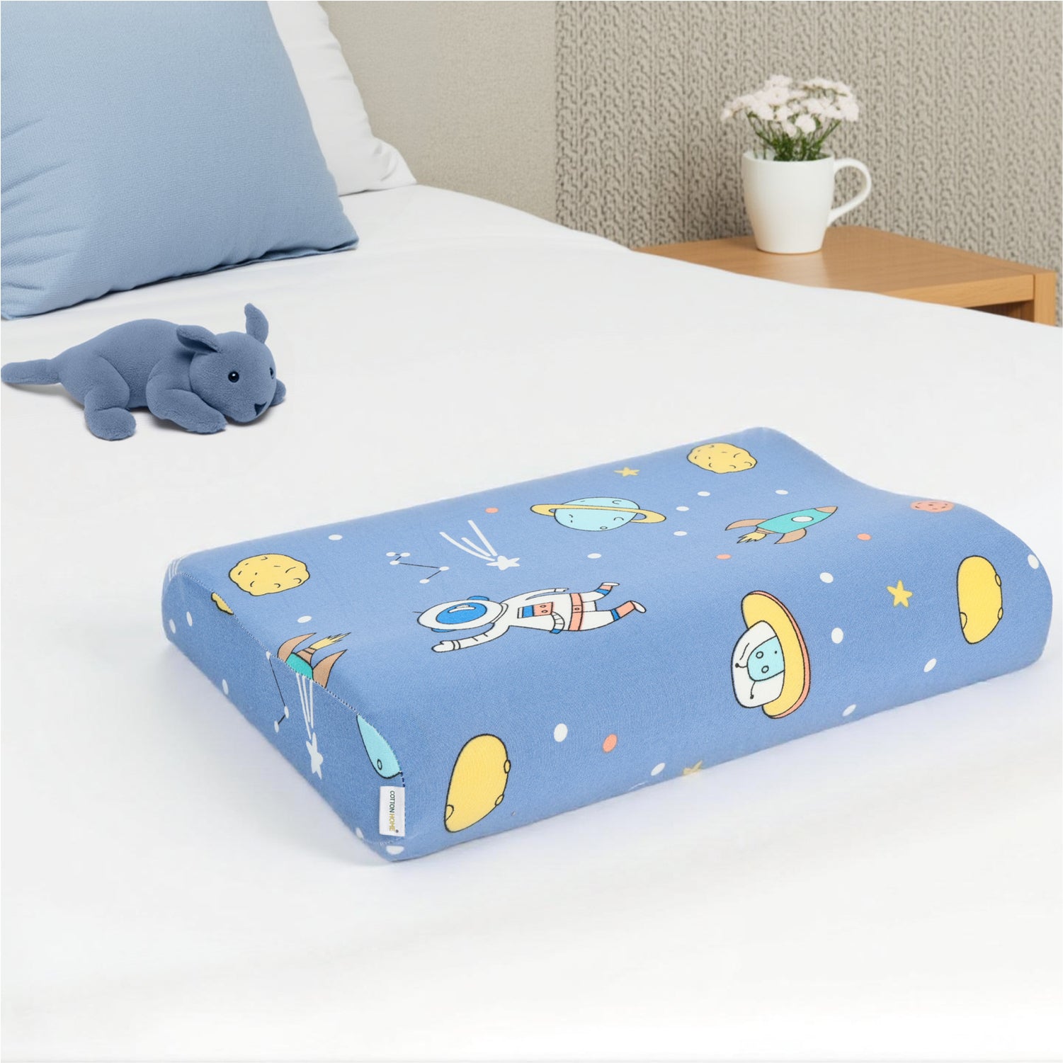 Kids Memory Foam Pillow with Breathable Blue Cover Soft & Ergonomic Support 38x27cm
