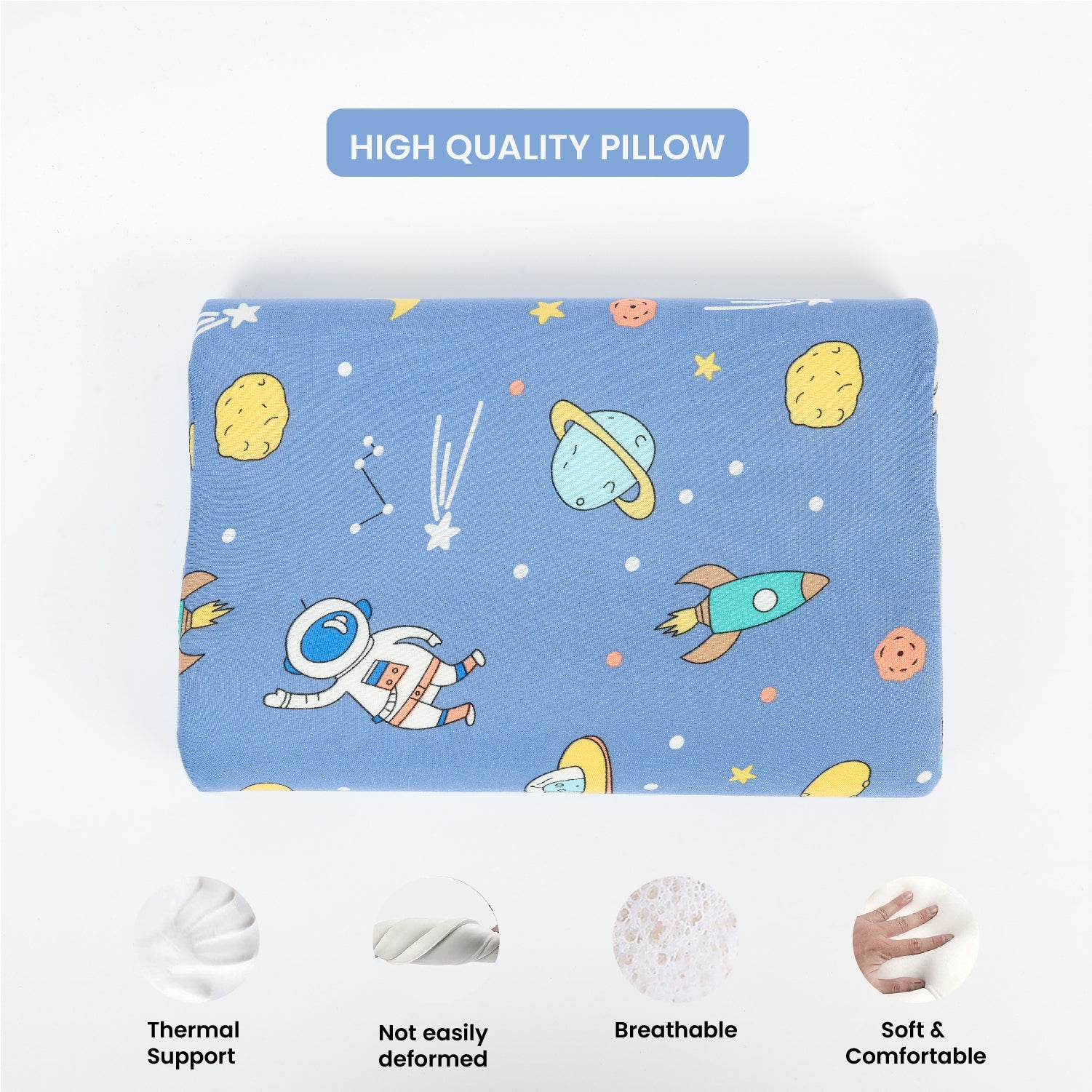 Kids Memory Foam Pillow with Breathable Blue Cover Soft & Ergonomic Support 38x27cm