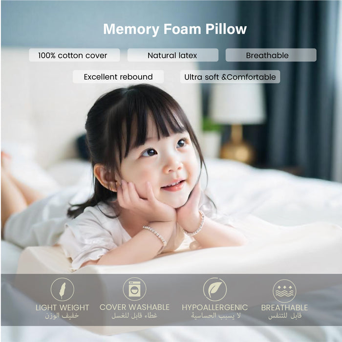 Kids Memory Foam Pillow with Breathable Grey Cover Soft & Ergonomic Support 38x27cm