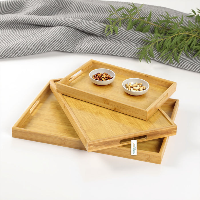 Bamboo Serving Tray Set of 3 Rectangular Wooden Trays with Handles - Cotton Home