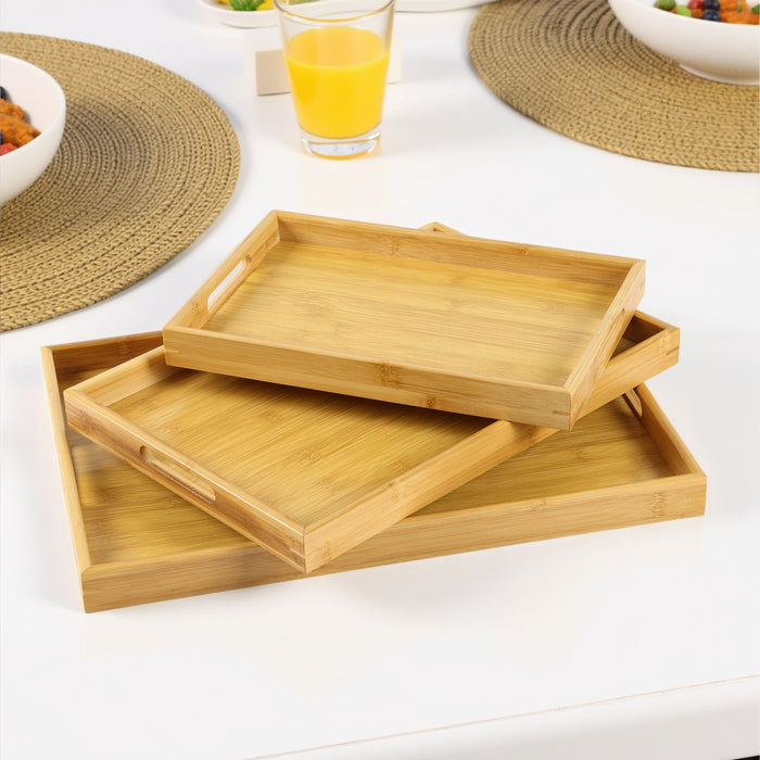 Bamboo Serving Tray Set of 3 Rectangular Wooden Trays with Handles - Cotton Home