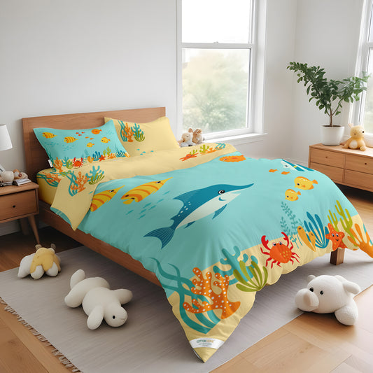 Kids Duvet Cover Set - 4 Pc - Aqua Print 160x220cm | Cotton Home - Cotton Home