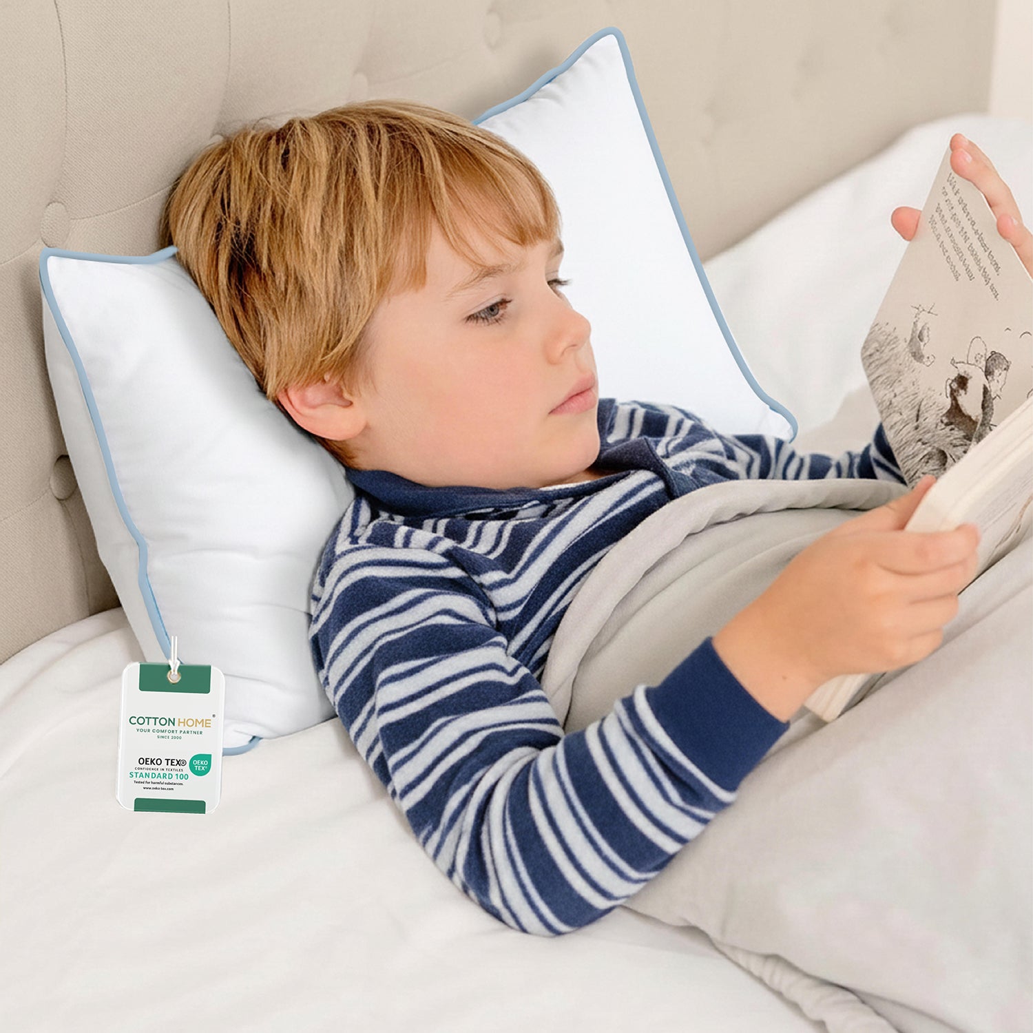 Cotton Kids Pillow 30x45cm Soft & Breathable 100% Cotton with Blue Cord