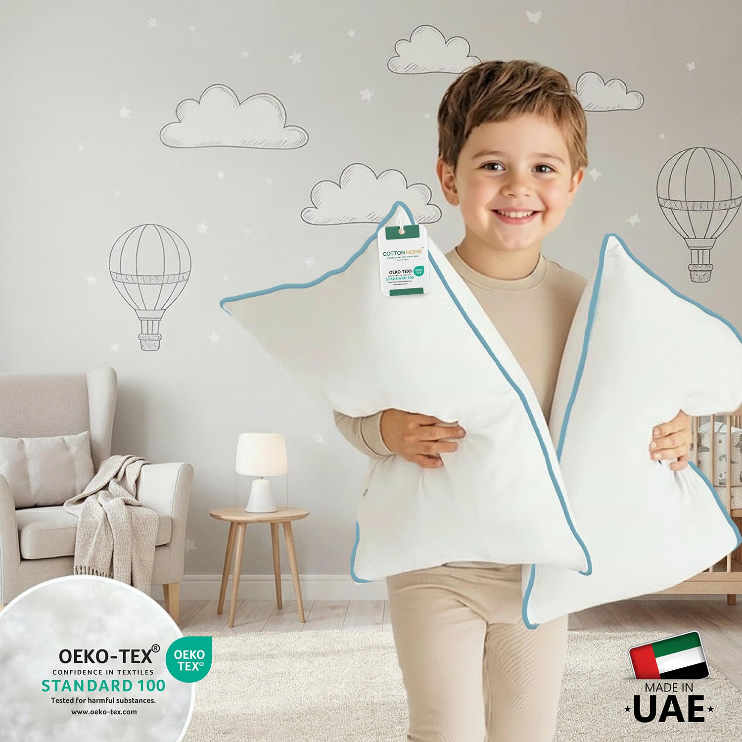 Cotton Kids Pillow 30x45cm Soft & Breathable 100% Cotton with Blue Cord