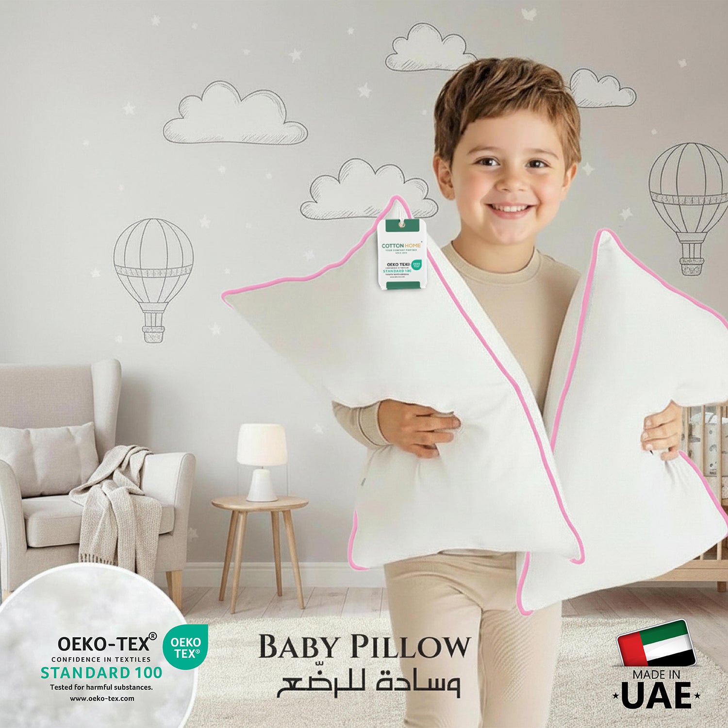 Cotton Kids Pillow 30x45cm Soft & Breathable 100% Cotton with Pink Cord