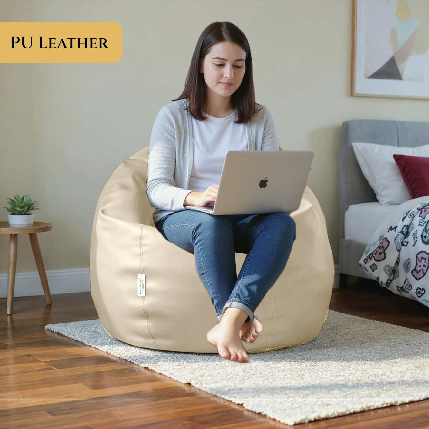 Adult Bean Bag Chair Premium PU Leather  62x105cm - Beige