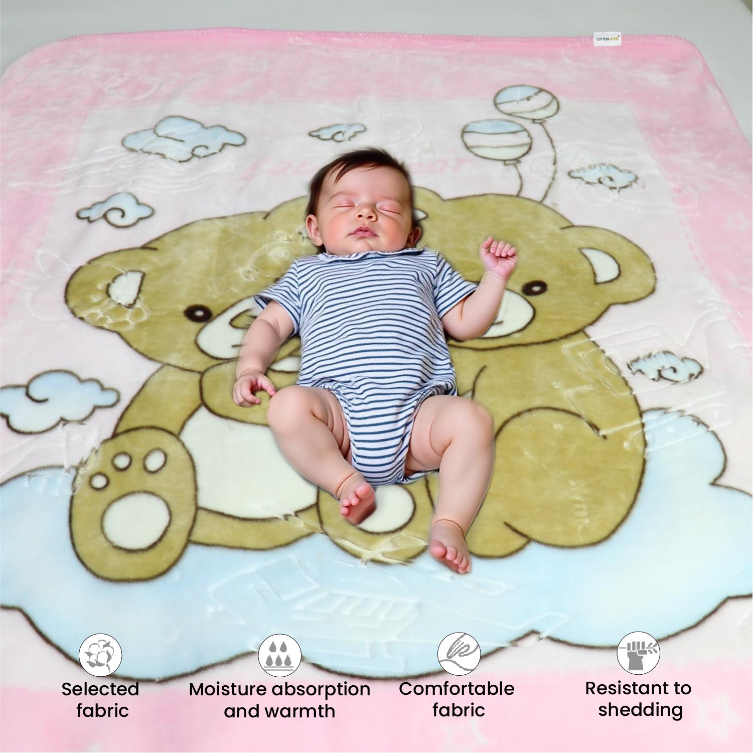 Ultra-Soft Bear Baby Blanket Lightweight & Cozy Plush with Embossed Designs, 140x110cm - Pink