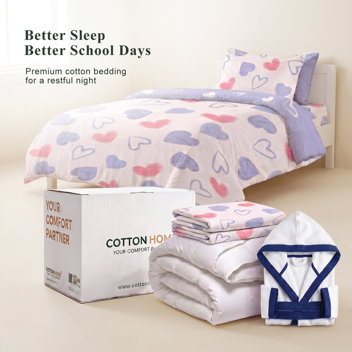 Back to School Essentials Premium Cotton Kids Bedding & Bathrobe Set Heart