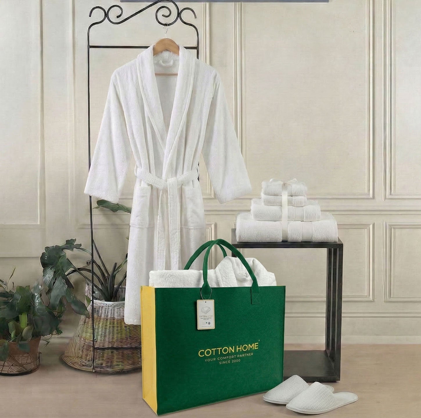 Luxury 7PC Egyptian Cotton Bath Bundle Set White – Bathrobe, Towels, Slippers