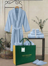 Luxury 7PC Egyptian Cotton Bath Bundle Set Sky Blue – Bathrobe, Towels, Slippers