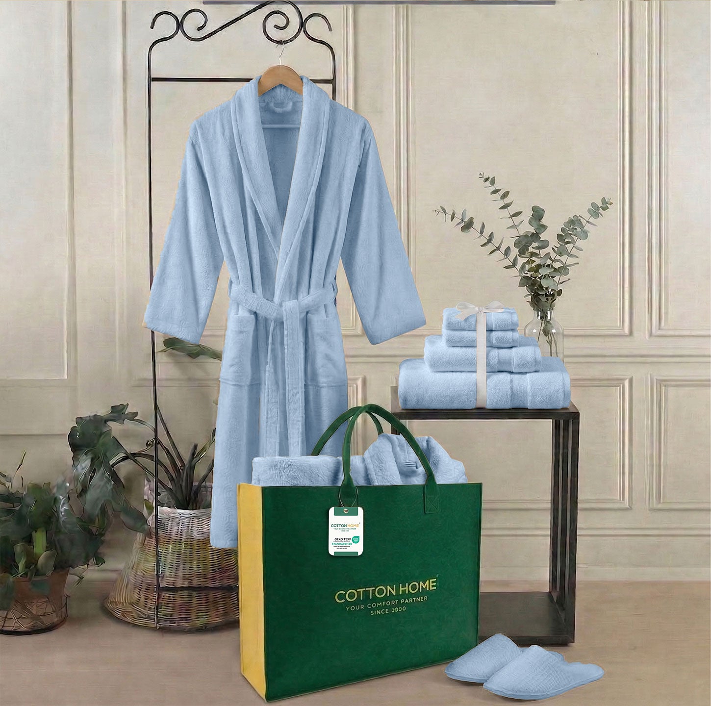 Luxury 7PC Egyptian Cotton Bath Bundle Set Sky Blue – Bathrobe, Towels, Slippers