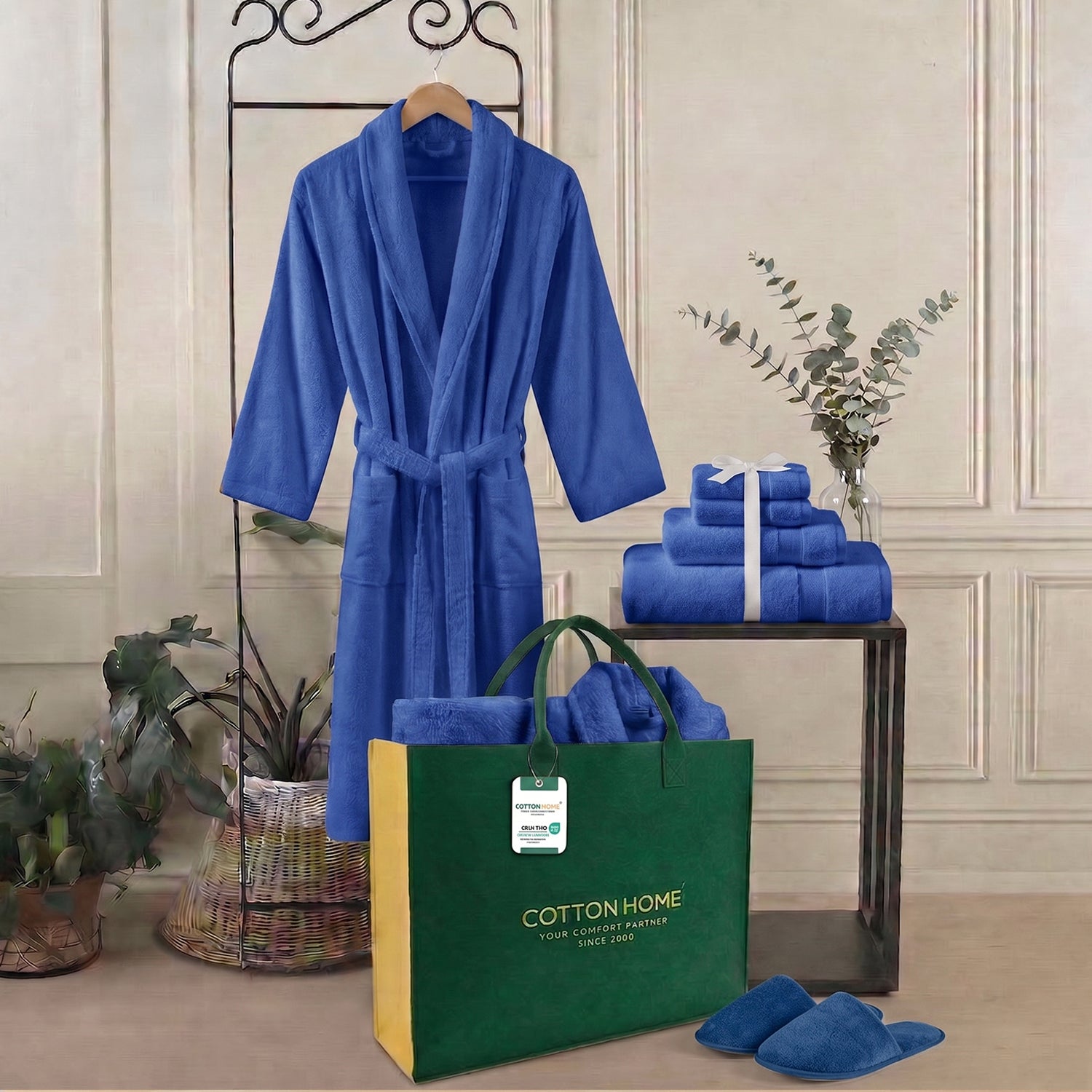 Luxury 7PC Egyptian Cotton Bath Bundle Set Royal Blue – Bathrobe, Towels, Slippers