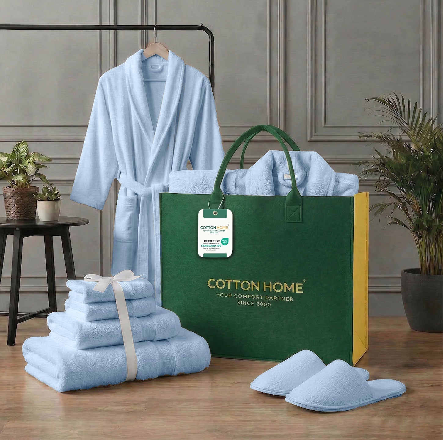 Luxury 7PC Egyptian Cotton Bath Bundle Set Sky Blue – Bathrobe, Towels, Slippers