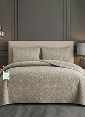 Velvet Quilt Set 3-Piece Diamond Quilted Bedspread Set 220×240cm with two pillow case Beige