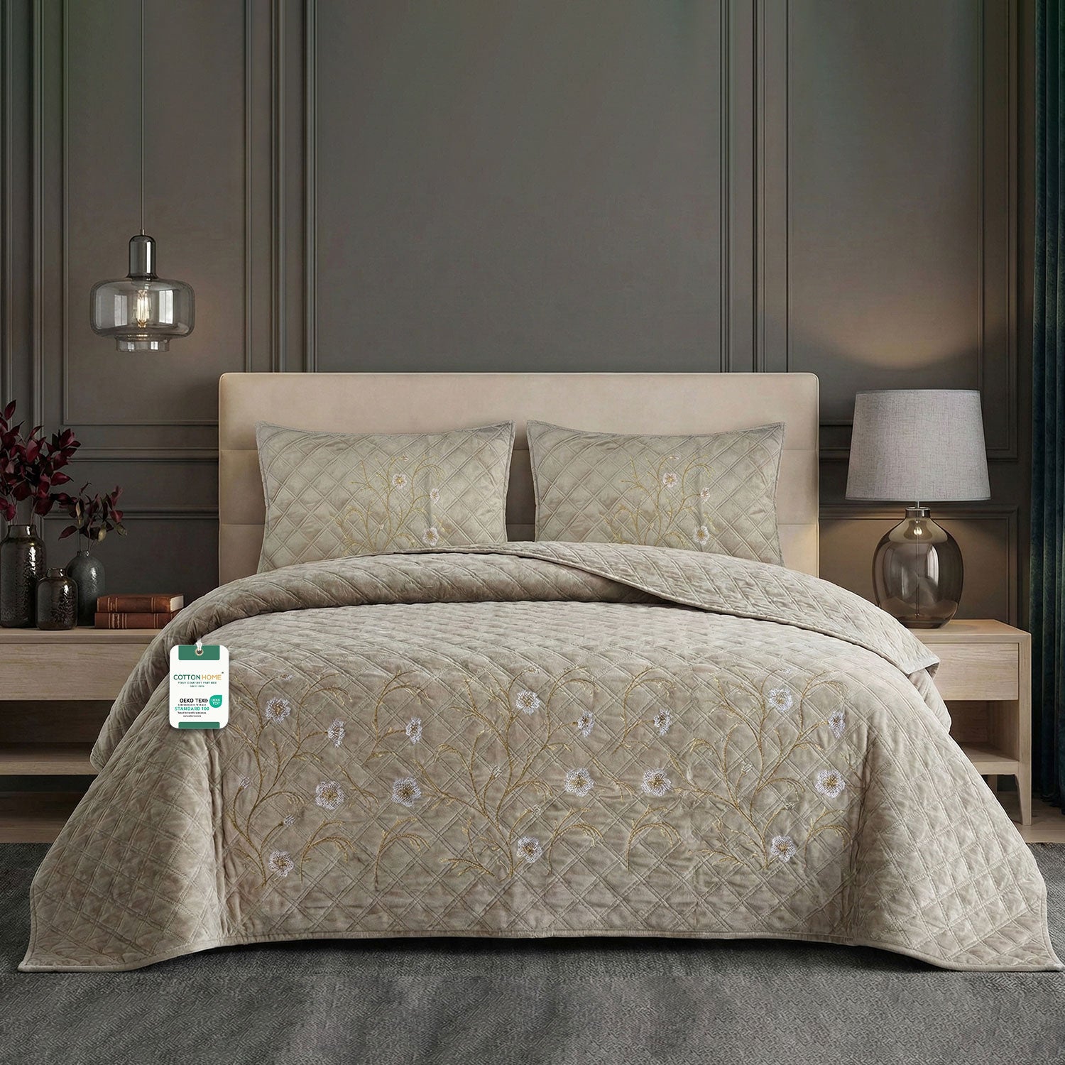 Velvet Quilt Set 3-Piece Diamond Quilted Bedspread Set 220×240cm with two pillow case Beige