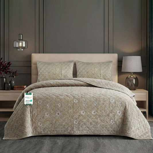 Velvet Quilt Set 3-Piece Diamond Quilted Bedspread Set 220×240cm with two pillow case Beige