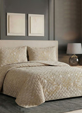 Velvet Quilt Set 3-Piece Diamond Quilted Bedspread Set 220×240cm with two pillow case Beige