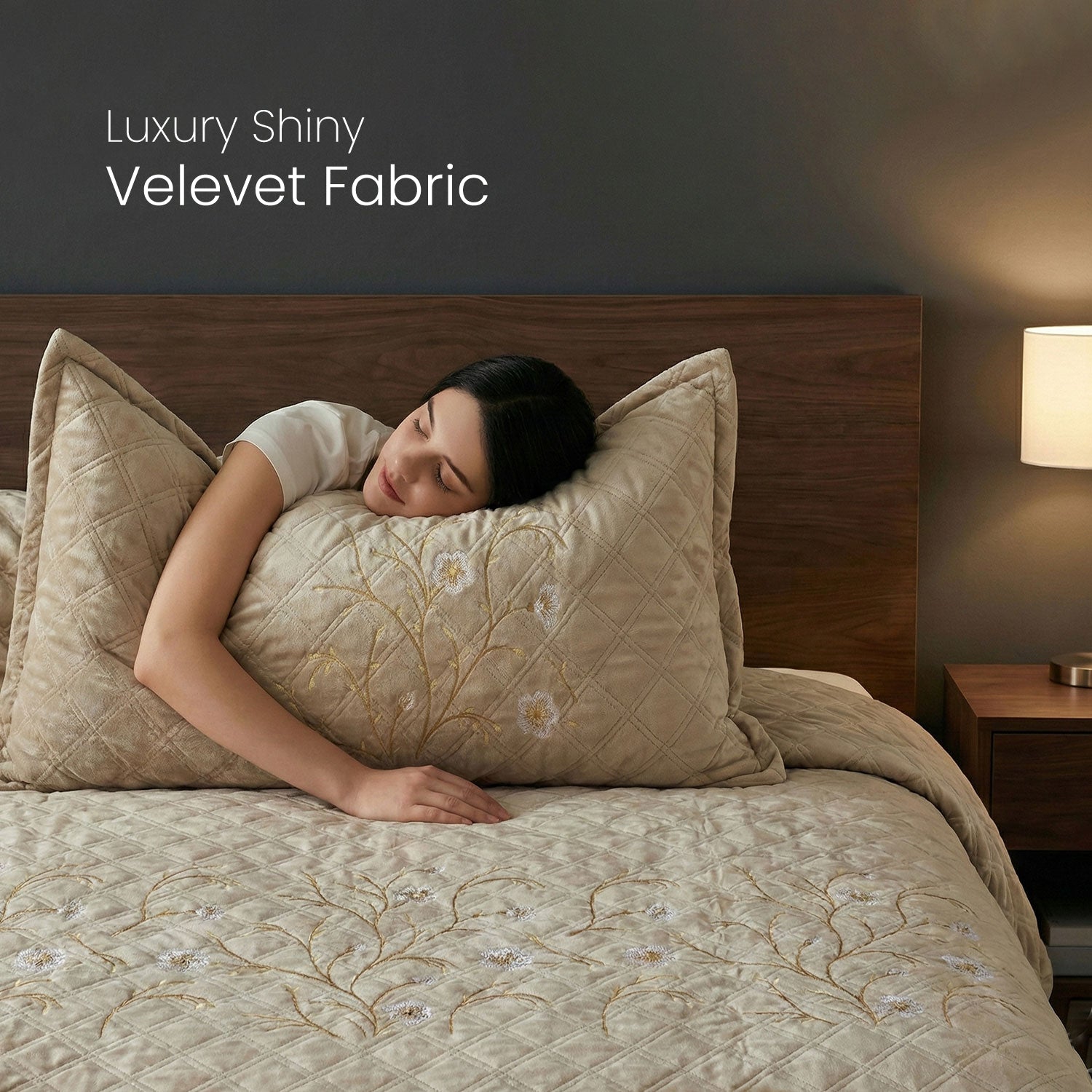 Velvet Quilt Set 3-Piece Diamond Quilted Bedspread Set 220×240cm with two pillow case Beige