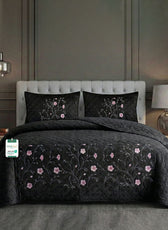 Velvet Quilt Set 3-Piece Diamond Quilted Bedspread Set 220×240cm with two pillow case Black