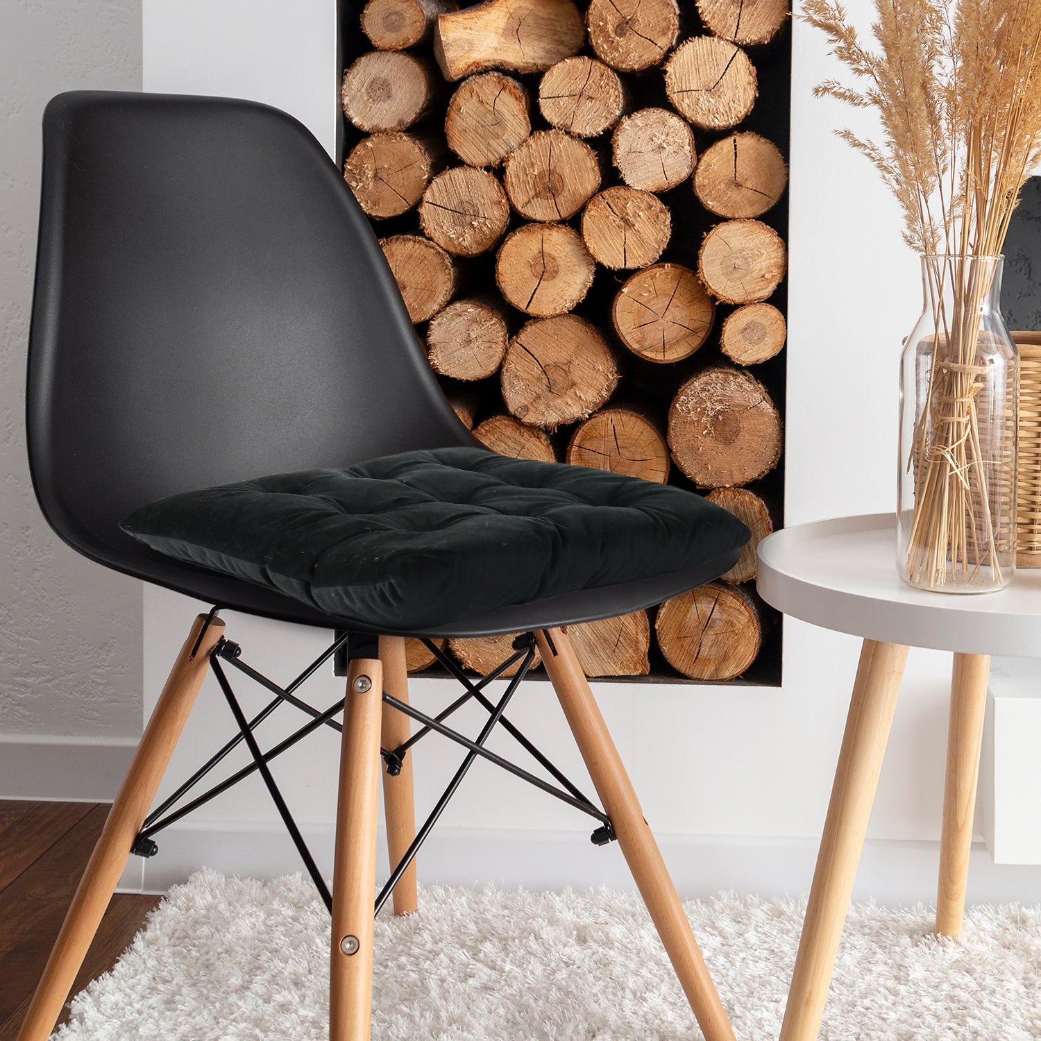 Velvet Slip Free Tufted  Chair Cushion Black 40x40cm - Cotton Home