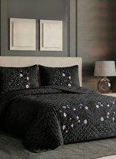 Velvet Quilt Set 3-Piece Diamond Quilted Bedspread Set 220×240cm with two pillow case Black