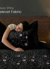 Velvet Quilt Set 3-Piece Diamond Quilted Bedspread Set 220×240cm with two pillow case Black