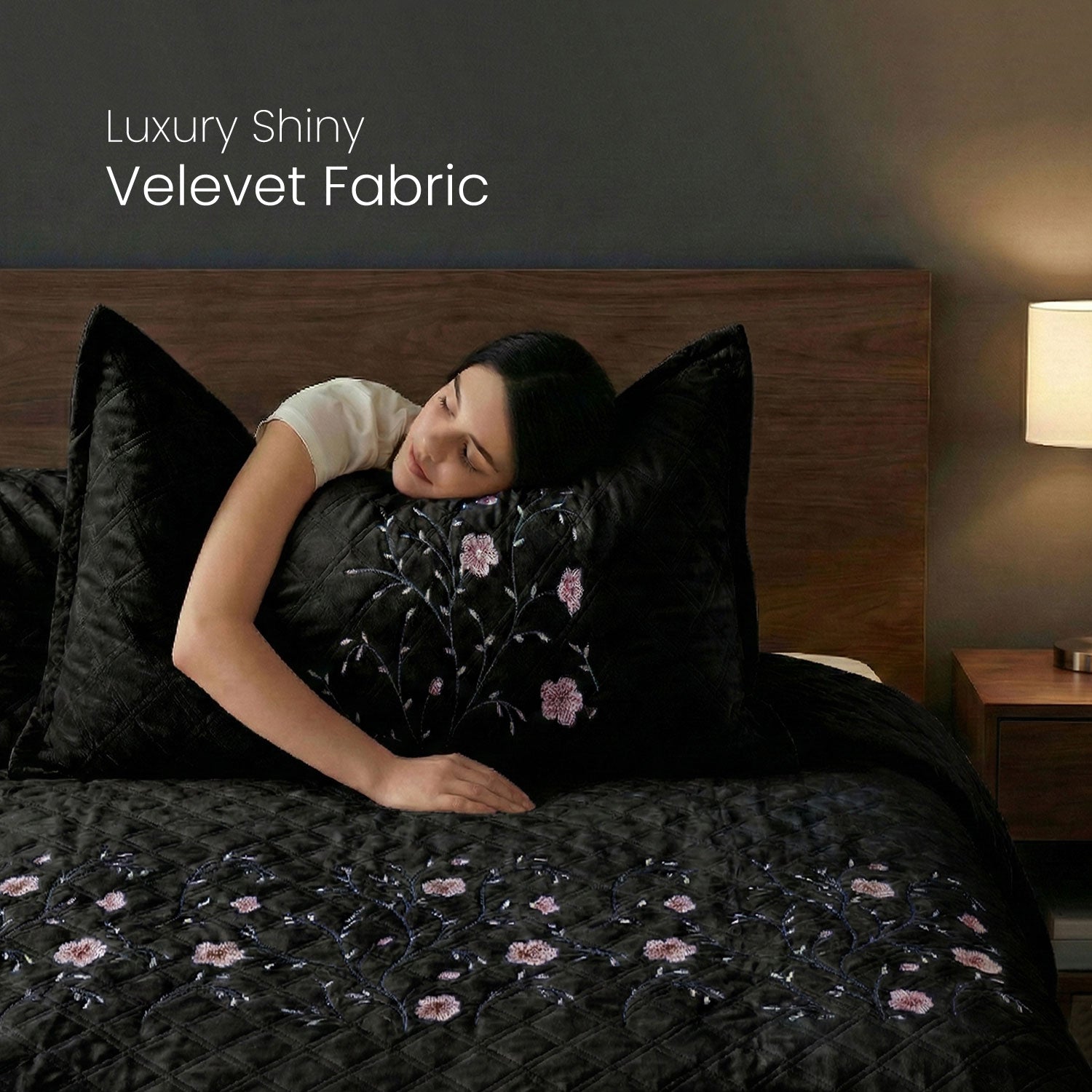 Velvet Quilt Set 3-Piece Diamond Quilted Bedspread Set 220×240cm with two pillow case Black